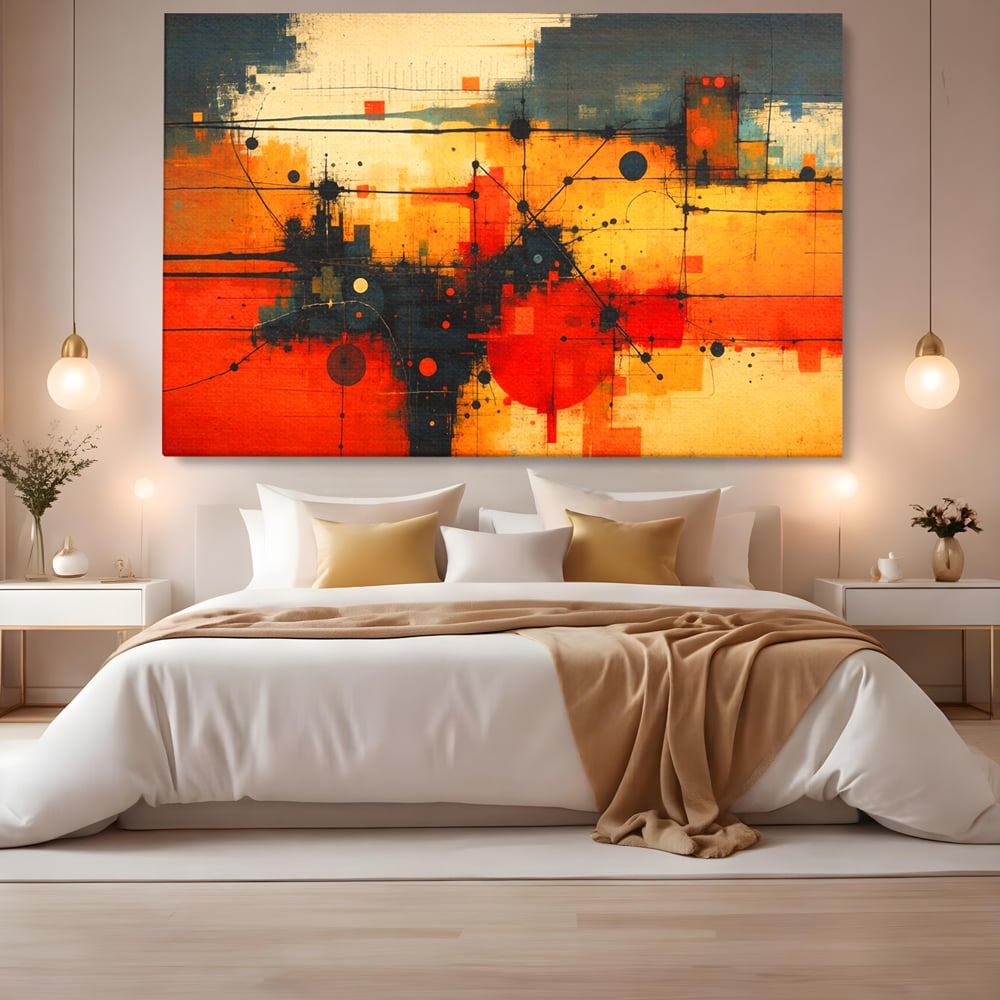 Tablou canvas cu tablou canvas cu compozitie abstracta geometrica, fara rama, pe sasiu de lemn, pe perete intr-un dormitor
